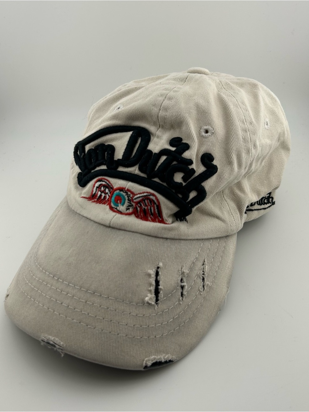 Von Dutch Distressed Strapback Hat Kustom Made Script Logo Beige Y2K Cap